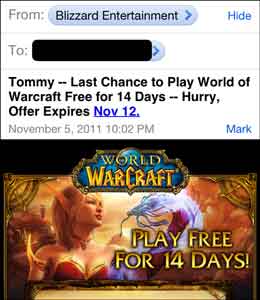 actual photograph of email sent to Tommy from Blizzard Entertainment