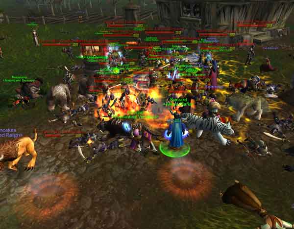 A Screen capture from the World of Warcraft depicting world player versus player combat which some claim no longer takes place in game